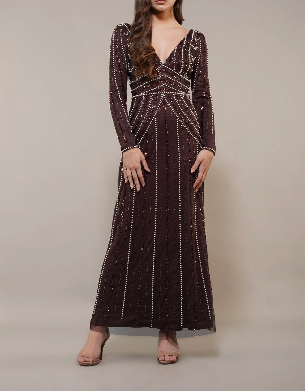 Coffee Embellished Maxi Dress