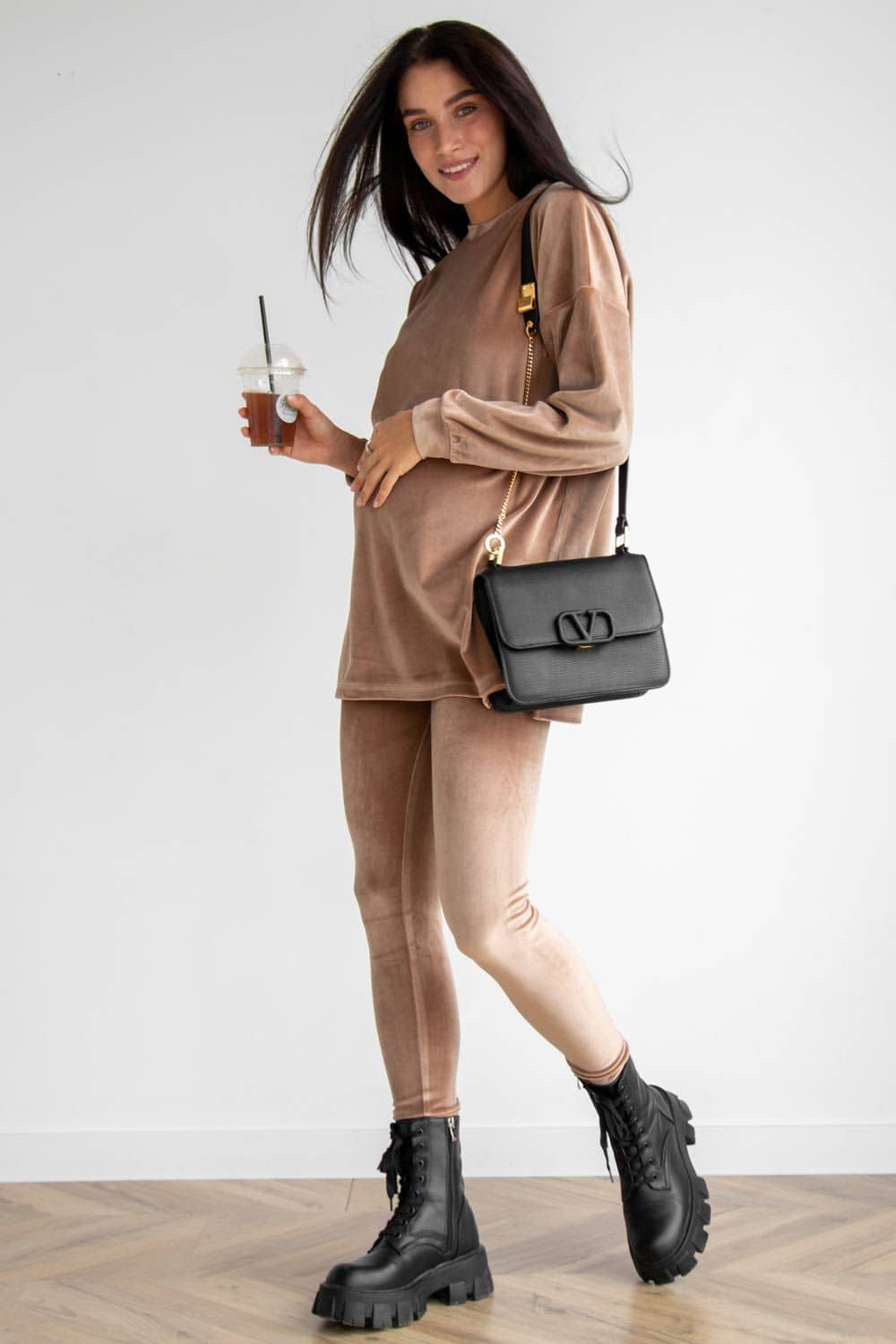 Maternity Beige Velvet Set