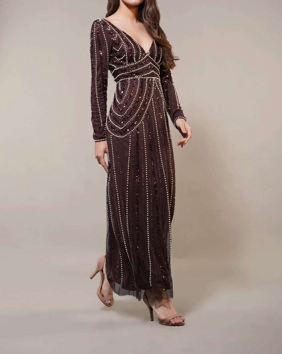 Coffee Embellished Maxi Dress