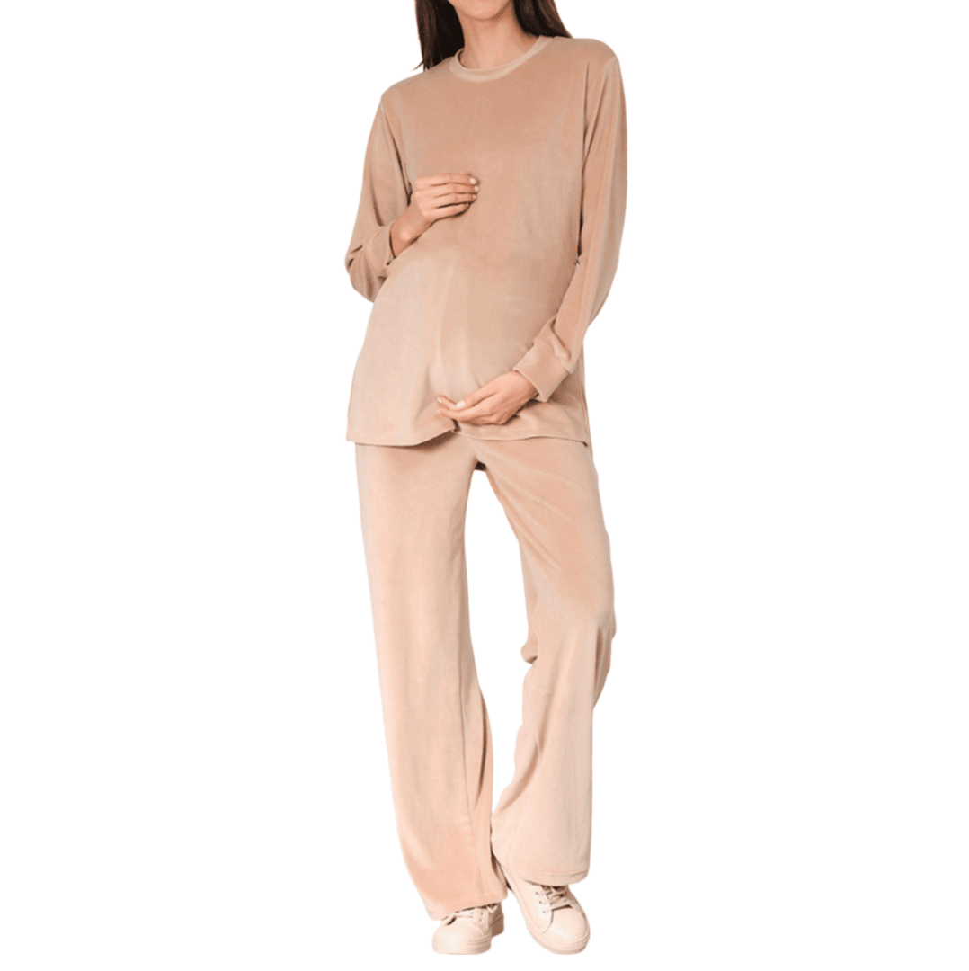 Maternity Beige Velvet Tracksuit